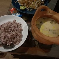 Pineapple red curry with steamed rice at Vegan Society in Chiang Mai