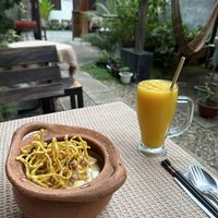Khao soi and Mango smoothiee  at Vegan Society in Chiang Mai