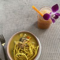 Khao Soi curry and Thai tea with coconut milk   at Vegan Society in Chiang Mai