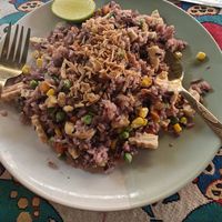 Fried rice, mixed veggies with extra tofu at Vegan Society in Chiang Mai