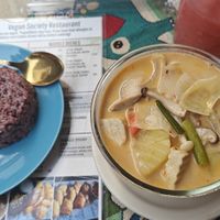 Masaman curry with rice on the side at Vegan Society in Chiang Mai