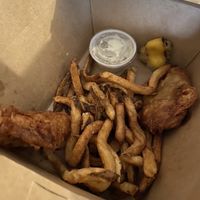 Delicious “fish” and chips with vegan tartar (partially eaten)  at Breaking Waves Brewing in Silverdale