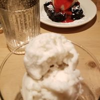 Brownie, hemp ice cream, vegan whipped cream, fresh raspberry sauce.. And house made vanilla hemp ice cream at Dyberry Forks in Honesdale