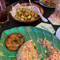 Veg fried rice with potato patty and fries at Woody Family Cafe in North Singapore