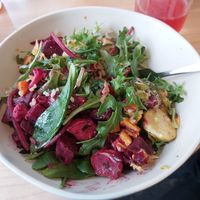 Market bowl with Tahiti beets and apricot brussel sprouts and lime chili marinated grilled tofu at Tractor Foods in Victoria