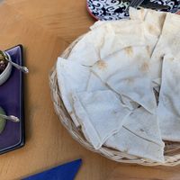Lebanese bread see Ed with dips plate  at Cafe Darya in Jindabyne
