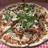 Boulder pizza (tandoori mushrooms, coriander, onion, vegan cheese)  #Veganuary at Moeraki Tavern in Moeraki