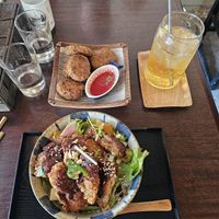 Cutlet bowl, tofu nuggets & apple lemon ciderr  at Cafe Ren - Kamigyo in Kyoto