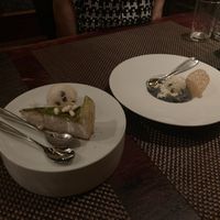 Desserts: matcha cheesecake plus black sesame pudding at HanGawi in New York City