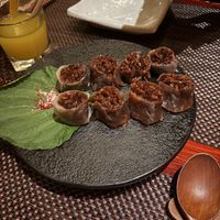 KOREAN SOONDAE ‘BEET, VERMICELLI & STICKY RICE ROLLS  at HanGawi in New York City