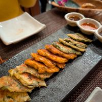Zucchini, kimchi and leek Korean pancakes with a trio of dipping sauces at HanGawi in New York City