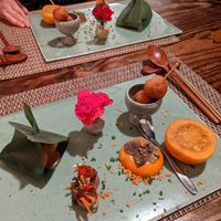 Persimmon, tofu puff, fried mushroom, eggplant roll at HanGawi in New York City