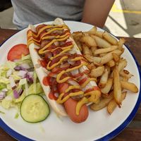 Vegan hotdog with homemade chips at The Top House in Filey