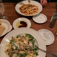 Vegan impossible burger bolognese and the oyster mushroom linguine with vegan Parmesan.  at Riverside in Hood River