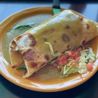 Veggie Burrito, no cheese, add seitan, mushrooms, and green sauce at MartAnnes in Flagstaff