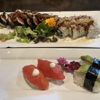 The Google It roll, vegan crunch, vegan tomato “tuna” nigiri, and avocado nigiri  at Kamakura Japanese Cuisine in Seattle