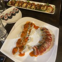 Death by crunch (top) Cream on Fire (bottomright) and vegan spicy California roll (bottom left)  at Kamakura Japanese Cuisine in Seattle