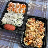 spicy cali roll on top left, reg cali roll bottom left, ‘tuna’ nigiri, death by crunch on right  at Kamakura Japanese Cuisine in Seattle