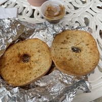 GF sourdough bagel toasted w side of PB  at Bex in Greenville