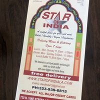 Menu  at Star of India in Hollywood