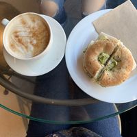 Coffee + bagel sandwich at Wired Monk in Halifax