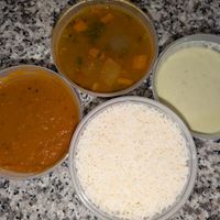 Rice, coconut chutney, spicy sambar, and tomato chutney at Mint Indian Bistro - Spring Valley in Las Vegas