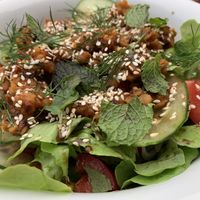 Spicy lentil and broad bean salad. 👌🏽 at Beachwood Cafe in Yamba