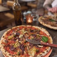 Vegano Pizza - vegan mozzarella, artichokes, roasted peppers, mushrooms & I added olives and red onion  at Impasto in Worcester