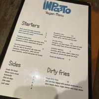 Vegan menu  at Impasto in Worcester