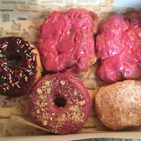 Raspberry fritters, chocolate sprinkle, berry crisp, mixed berry jelly  at Glazy Susan in Worcester