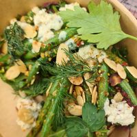 Green beans with chilli  garlic, toasted almonds, Yay! Feta  lemon and herb dressing at Twinkle Town  in Port Douglas