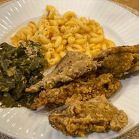 Collards, mac & cheese, and fried chick’n meal at Our Vegan Corner in Syracuse