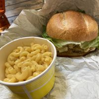 Crispy chick’n sandwich and macaroni and cheese    at Our Vegan Corner in Syracuse