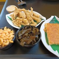 Chick'n meal with mac 'n cheese and collard greens. at Our Vegan Corner in Syracuse