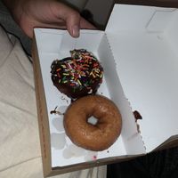 Chocolate with sprinkles and glazed. at Duck Donuts in Garden Grove