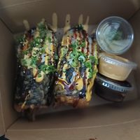 Deep fried sushi burrito with fake crab and shrimp at Naughty Vegan Panda in Pasadena