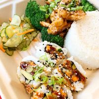 One 🥊 Combo with teriyaki chicken and sweet potato roll  at Naughty Vegan Panda in Pasadena