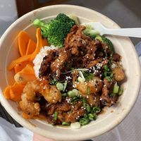 The surf and turf bowl with vegan shrimp and steak   at Naughty Vegan Panda in Pasadena