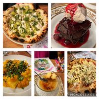 Pickle pizza, cheeseburger pizza, ravioli, cherry brownie and maple crème brûlée   at Portobello Road in Whitby