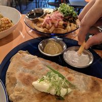 indian creppe and fries with smoked tofu in the back at Peaches Gastro Girls in Warsaw