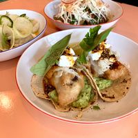 Amazing tacos with portobello mushrooms and vegan ‘feta cheese’.  at Peaches Gastro Girls in Warsaw