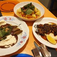 Aubergine with vegan ricotta, gnocchi, and wild mushroom skewers at Peaches Gastro Girls in Warsaw