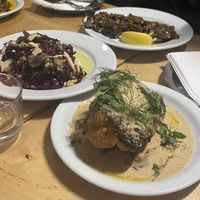 cauliflower, beetroot salad on the left, grilled mushroom in the back of the picture  at Peaches Gastro Girls in Warsaw