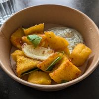 Fried polenta with a tasty creamy dip at Peaches Gastro Girls in Warsaw