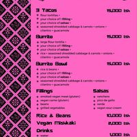 Menu at Ulu Dos Tres Taco in Zanzibar