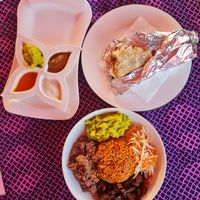burrito and bowl with 4 different sauces at Ulu Dos Tres Taco in Zanzibar