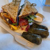 Black bean cheese burger with a side of grape leaves and extra chipotle aioli sauce on the side at The Hungry Caterpillar in Jacksonville