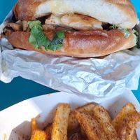 Chik'n burger (and Masala Fries) at Gora's Grill in Ypsilanti