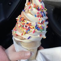 Vanilla and chocolate twist cone with rainbow sprinkles at Three Girls Vegan Creamery - Downtown in Guilford