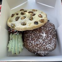 Pistachio cookie, raspberry-filled cookie, and chocolate croissant  at Three Girls Vegan Creamery - Downtown in Guilford